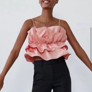 Zara Pink Taffeta Ruffle Peplum Petal Pink Top Size Small NWT